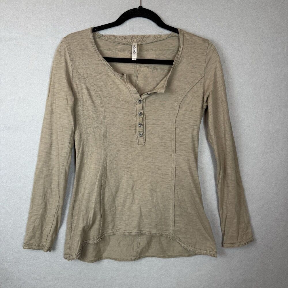 Murmur Tan Long Sleeve‎ Henley With Embroidery Top Sz L Y2K Elena Gilbert